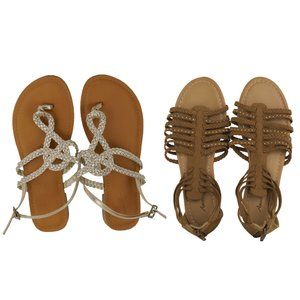 Sz 6.5 Sandals Gold Silver Metallic Flat Shoes Faux Suede Ankle Strap Gladiator